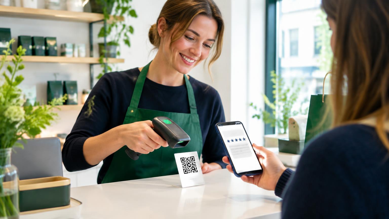 Illustratieve foto: een medewerker en een klant bij de kassa, met een kaartje met QR-code en een telefoon met een reviewscherm